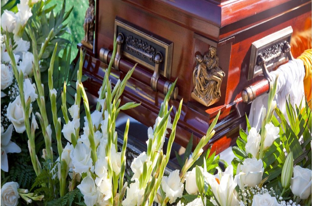 Flowers around the casket